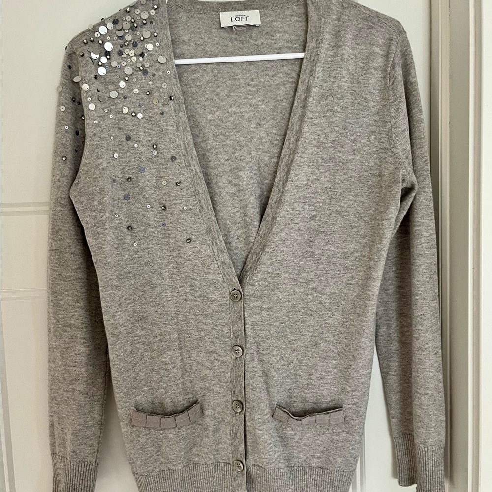 LOFT Gray Cardigan with Sequin Detail